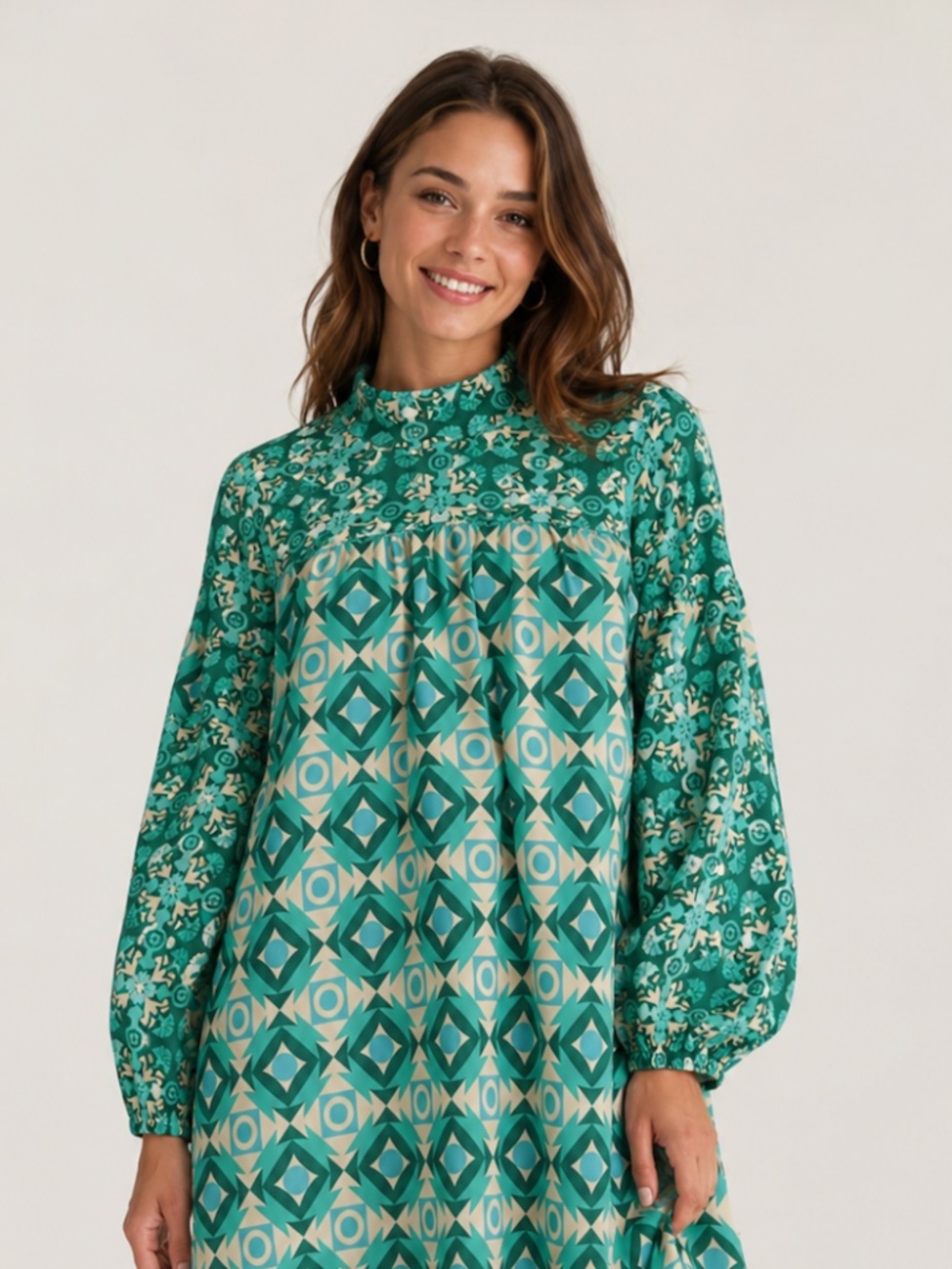SHEIN Green & Cream Geometric Floral Long Sleeve Dress